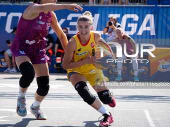 Barbara Lachacz participates in the LOTTO 3x3 League basketball game in Sosnowiec, Poland, on September 6, 2024. Lotto 3x3 Liga tournament m...