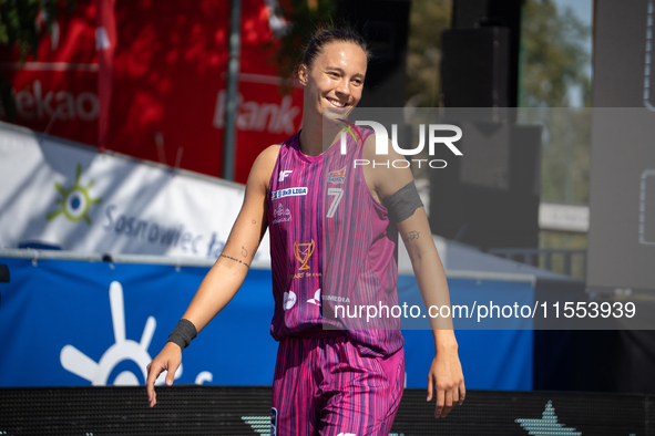 Marta Wieczynska participates in the LOTTO 3x3 League basketball game in Sosnowiec, Poland, on September 6, 2024. The Lotto 3x3 Liga tournam...