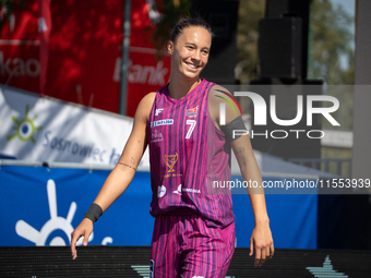 Marta Wieczynska participates in the LOTTO 3x3 League basketball game in Sosnowiec, Poland, on September 6, 2024. The Lotto 3x3 Liga tournam...