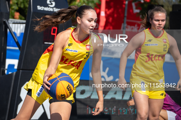 Dominika Mielczarek participates in the LOTTO 3x3 League basketball game in Sosnowiec, Poland, on September 6, 2024. The Lotto 3x3 Liga tour...