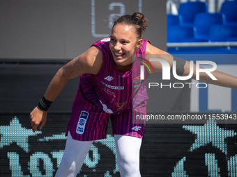 Marta Wieczynska participates in the LOTTO 3x3 League basketball game in Sosnowiec, Poland, on September 6, 2024. The Lotto 3x3 Liga tournam...