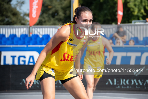 Dominika Mielczarek participates in the LOTTO 3x3 League basketball game in Sosnowiec, Poland, on September 6, 2024. The Lotto 3x3 Liga tour...