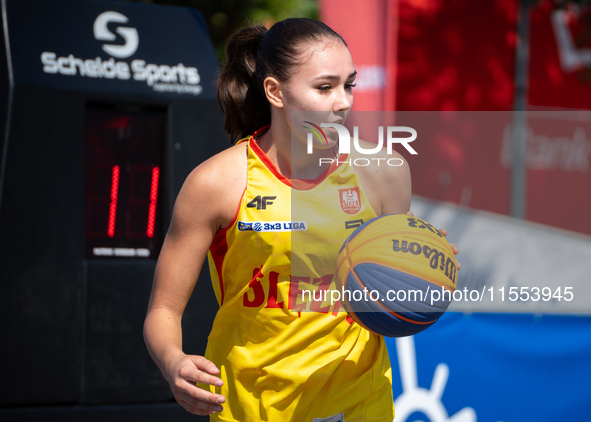 Dominika Mielczarek participates in the LOTTO 3x3 League basketball game in Sosnowiec, Poland, on September 6, 2024. The Lotto 3x3 Liga tour...