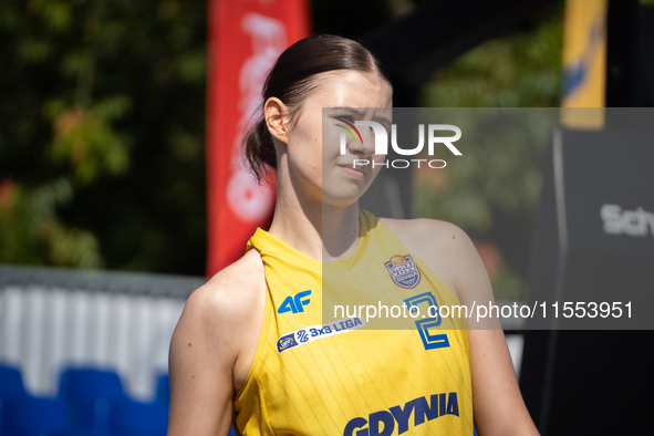 Michalina Fierka participates in the LOTTO 3x3 League basketball game in Sosnowiec, Poland, on September 6, 2024. The Lotto 3x3 Liga tournam...