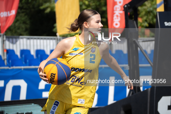 Michalina Fierka participates in the LOTTO 3x3 League basketball game in Sosnowiec, Poland, on September 6, 2024. The Lotto 3x3 Liga tournam...