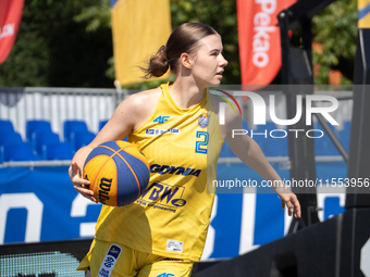 Michalina Fierka participates in the LOTTO 3x3 League basketball game in Sosnowiec, Poland, on September 6, 2024. The Lotto 3x3 Liga tournam...