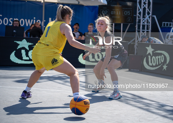 Kinga Dzierbicka participates in the LOTTO 3x3 League basketball game in Sosnowiec, Poland, on September 6, 2024. The Lotto 3x3 Liga tournam...