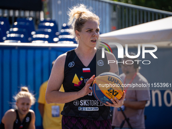 Magdalena Wojdalska participates in the LOTTO 3x3 League basketball game in Sosnowiec, Poland, on September 6, 2024. The Lotto 3x3 Liga tour...