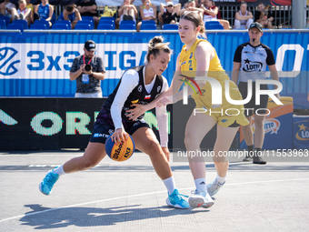 Agata Stepien and Michalina Fierka participate in the LOTTO 3x3 League basketball game in Sosnowiec, Poland, on September 6, 2024. The Lotto...