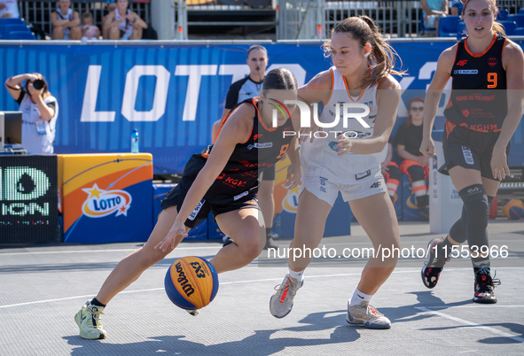 Martyna Kuriata participates in the LOTTO 3x3 League basketball game in Sosnowiec, Poland, on September 6, 2024. The Lotto 3x3 Liga tourname...