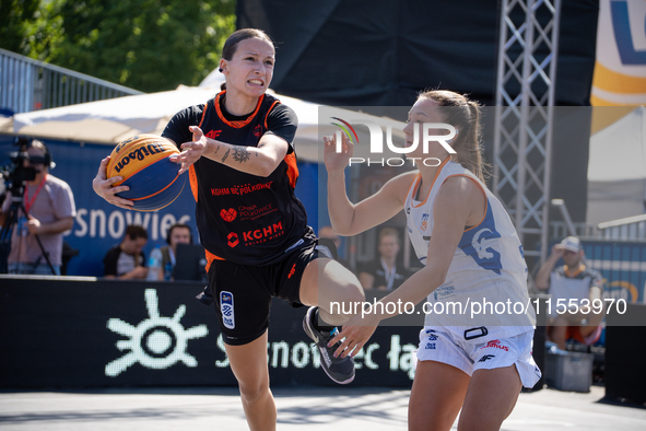 Inga Stepien and Bianka Napierala participate in the LOTTO 3x3 League basketball game in Sosnowiec, Poland, on September 6, 2024. The Lotto...