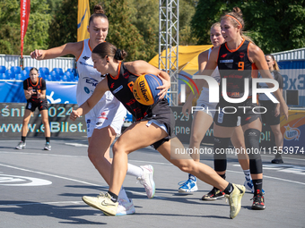 Martyna Kuriata participates in the LOTTO 3x3 League basketball game in Sosnowiec, Poland, on September 6, 2024. The Lotto 3x3 Liga tourname...