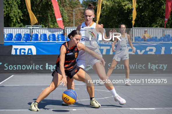 Martyna Kuriata participates in the LOTTO 3x3 League basketball game in Sosnowiec, Poland, on September 6, 2024. The Lotto 3x3 Liga tourname...