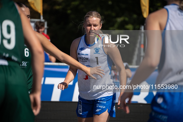 Julia Beczkowska participates in the LOTTO 3x3 League basketball game in Sosnowiec, Poland, on September 6, 2024. The Lotto 3x3 Liga tournam...