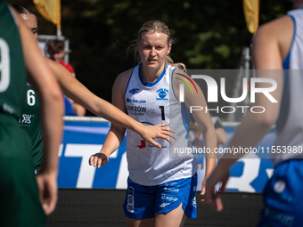 Julia Beczkowska participates in the LOTTO 3x3 League basketball game in Sosnowiec, Poland, on September 6, 2024. The Lotto 3x3 Liga tournam...