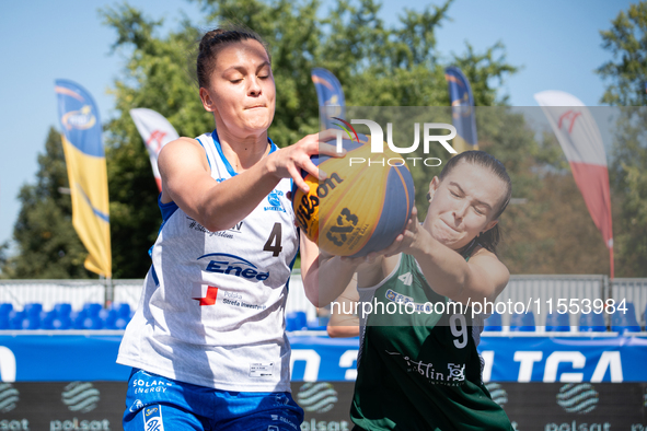 Weronika Steblecka and Wiktoria Kaczmarek participate in the LOTTO 3x3 League basketball game in Sosnowiec, Poland, on September 6, 2024. Th...