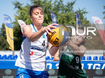 Weronika Steblecka and Wiktoria Kaczmarek participate in the LOTTO 3x3 League basketball game in Sosnowiec, Poland, on September 6, 2024. Th...