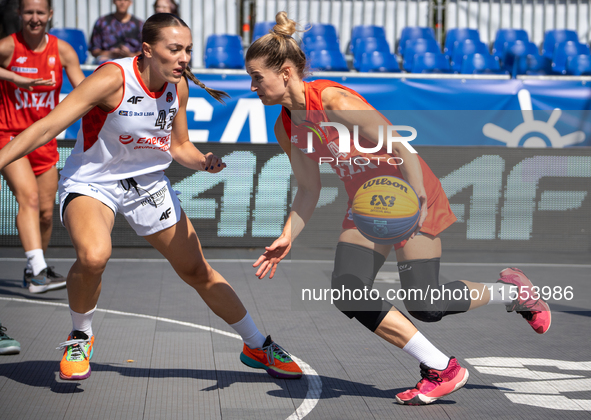 Barbara Lachacz and Zuzanna Urban participate in the LOTTO 3x3 League basketball game in Sosnowiec, Poland, on September 6, 2024. Lotto 3x3...