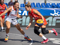 Barbara Lachacz and Zuzanna Urban participate in the LOTTO 3x3 League basketball game in Sosnowiec, Poland, on September 6, 2024. Lotto 3x3...