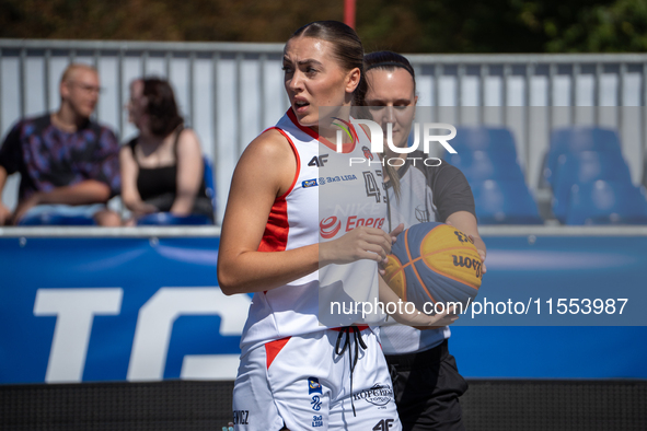 Zuzanna Urban participates in the LOTTO 3x3 League basketball game in Sosnowiec, Poland, on September 6, 2024. Lotto 3x3 Liga tournament mat...