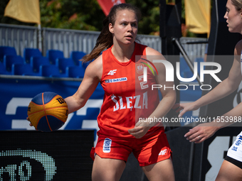 Sara Pajak participates in the LOTTO 3x3 League basketball game in Sosnowiec, Poland, on September 6, 2024. The Lotto 3x3 Liga tournament ma...