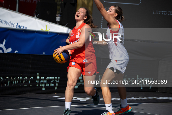 Sara Pajak participates in the LOTTO 3x3 League basketball game in Sosnowiec, Poland, on September 6, 2024. The Lotto 3x3 Liga tournament ma...