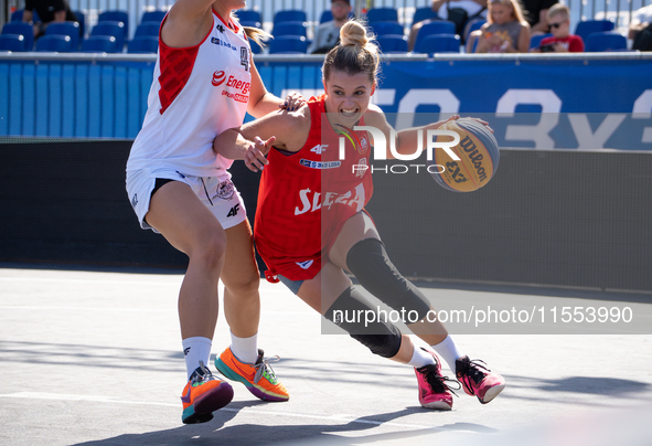 Barbara Lachacz participates in the LOTTO 3x3 League basketball game in Sosnowiec, Poland, on September 6, 2024. Lotto 3x3 Liga tournament m...