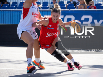 Barbara Lachacz participates in the LOTTO 3x3 League basketball game in Sosnowiec, Poland, on September 6, 2024. Lotto 3x3 Liga tournament m...