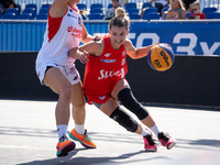 Barbara Lachacz participates in the LOTTO 3x3 League basketball game in Sosnowiec, Poland, on September 6, 2024. Lotto 3x3 Liga tournament m...