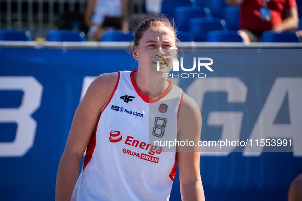 Marta Marcinkowska participates in the LOTTO 3x3 League basketball game in Sosnowiec, Poland, on September 6, 2024. The Lotto 3x3 Liga tourn...