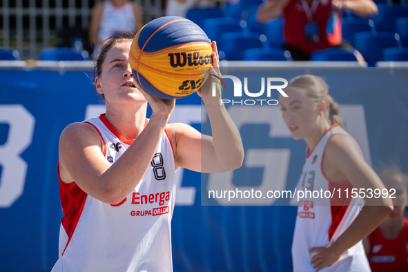 Marta Marcinkowska participates in the LOTTO 3x3 League basketball game in Sosnowiec, Poland, on September 6, 2024. The Lotto 3x3 Liga tourn...