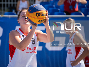 Marta Marcinkowska participates in the LOTTO 3x3 League basketball game in Sosnowiec, Poland, on September 6, 2024. The Lotto 3x3 Liga tourn...