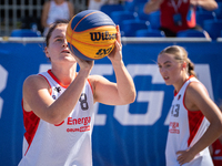 Marta Marcinkowska participates in the LOTTO 3x3 League basketball game in Sosnowiec, Poland, on September 6, 2024. The Lotto 3x3 Liga tourn...