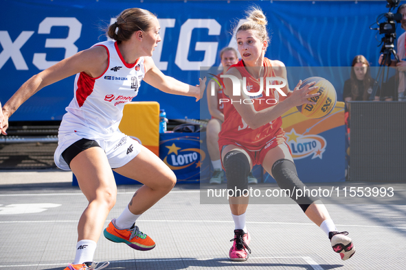 Barbara Lachacz participates in the LOTTO 3x3 League basketball game in Sosnowiec, Poland, on September 6, 2024. Lotto 3x3 Liga tournament m...