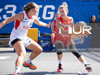 Barbara Lachacz participates in the LOTTO 3x3 League basketball game in Sosnowiec, Poland, on September 6, 2024. Lotto 3x3 Liga tournament m...