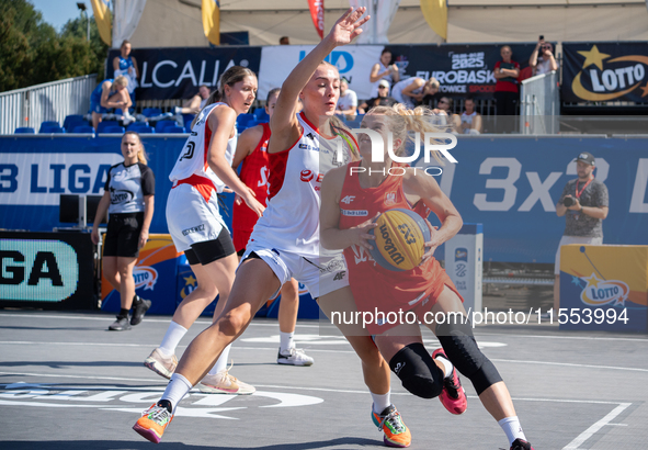 Barbara Lachacz and Zuzanna Urban participate in the LOTTO 3x3 League basketball game in Sosnowiec, Poland, on September 6, 2024. Lotto 3x3...