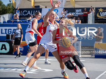 Barbara Lachacz and Zuzanna Urban participate in the LOTTO 3x3 League basketball game in Sosnowiec, Poland, on September 6, 2024. Lotto 3x3...