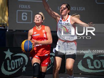 Barbara Lachacz and Oliwia Trzymkowska participate in the LOTTO 3x3 League basketball game in Sosnowiec, Poland, on September 6, 2024. The L...