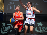 Barbara Lachacz and Oliwia Trzymkowska participate in the LOTTO 3x3 League basketball game in Sosnowiec, Poland, on September 6, 2024. The L...