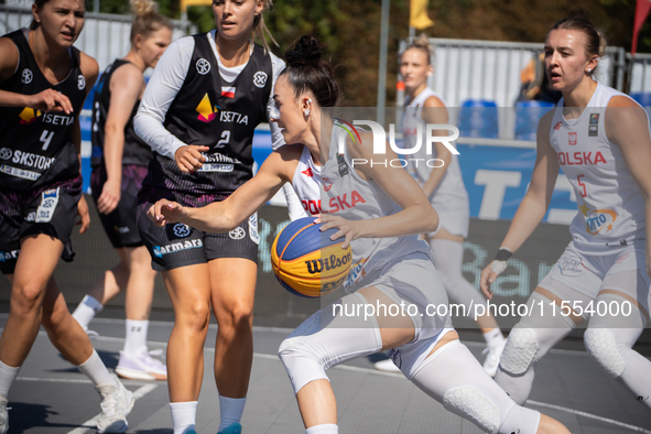 Julia Bazan participates in the LOTTO 3x3 League basketball game in Sosnowiec, Poland, on September 6, 2024. Lotto 3x3 Liga tournament match...