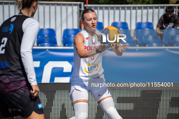 Klaudia Wnorowska participates in the LOTTO 3x3 League basketball game in Sosnowiec, Poland, on September 6, 2024. The Lotto 3x3 Liga tourna...