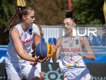 Julia Bazan and Aleksandra Pszczolarska participate in the LOTTO 3x3 League basketball game in Sosnowiec, Poland, on September 6, 2024. The...