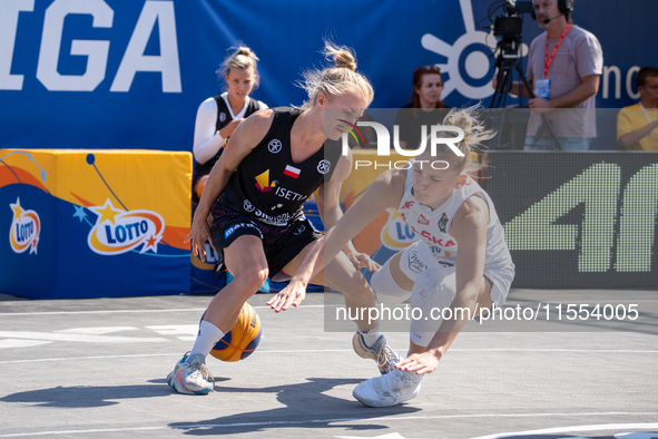 Kinga Dzierbicka participates in the LOTTO 3x3 League basketball game in Sosnowiec, Poland, on September 6, 2024. The Lotto 3x3 Liga tournam...