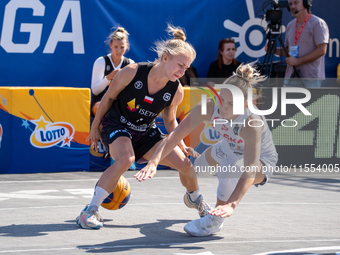 Kinga Dzierbicka participates in the LOTTO 3x3 League basketball game in Sosnowiec, Poland, on September 6, 2024. The Lotto 3x3 Liga tournam...