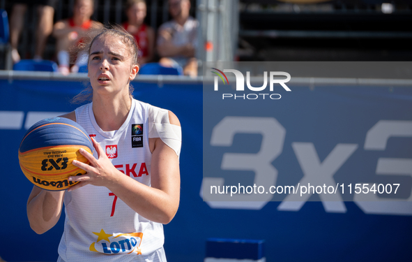 Aleksandra Pszczolarska participates in the LOTTO 3x3 League basketball game in Sosnowiec, Poland, on September 6, 2024. The Lotto 3x3 Liga...