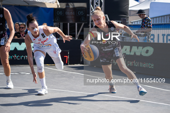 Kinga Dzierbicka and Julia Bazan participate in the LOTTO 3x3 League basketball game in Sosnowiec, Poland, on September 6, 2024. Lotto 3x3 L...