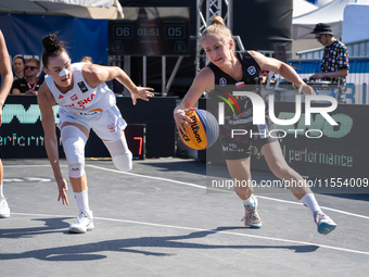 Kinga Dzierbicka and Julia Bazan participate in the LOTTO 3x3 League basketball game in Sosnowiec, Poland, on September 6, 2024. Lotto 3x3 L...