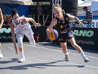 Kinga Dzierbicka and Julia Bazan participate in the LOTTO 3x3 League basketball game in Sosnowiec, Poland, on September 6, 2024. Lotto 3x3 L...