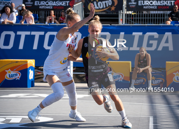 Kinga Dzierbicka participates in the LOTTO 3x3 League basketball game in Sosnowiec, Poland, on September 6, 2024. The Lotto 3x3 Liga tournam...