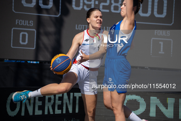 Katsiaryna Lagutkowa participates in the LOTTO 3x3 League basketball game in Sosnowiec, Poland, on September 6, 2024. The Lotto 3x3 Liga tou...